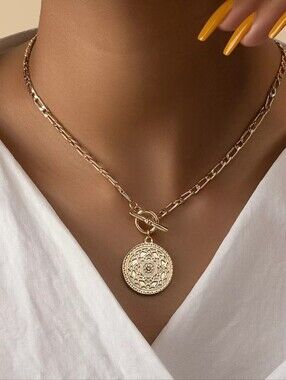 Gold Medallion Toggle Chain Necklace - Women Jewelry